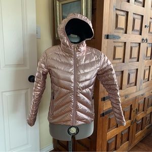 All in Motion Rose Gold Puffer Jacket With Hood, zippers and black lining